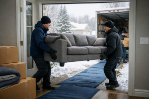 Professional movers completing a winter residential move with floor protection