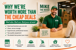 Friendly Mike the Mover team member welcoming a customer at their Guelph office